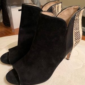 New Black Suede and Snakeskin Peep Toe Booties